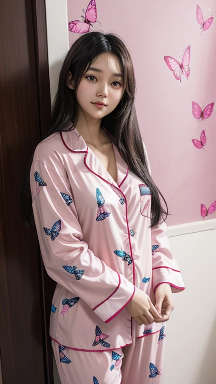 A young Asian woman with long dark hair wearing a pink pajama set with a butterfly print, posing in front of a decorative wall