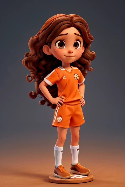An animated character of a girl, on a soccer field. The girl has long brown hair, curly brown eyes and wears an orange soccer uniform. Behind her is a white beam. The scene is well-lit and near his foot are two soccer-shaped trophies attached to a wooden base. hyperrealism