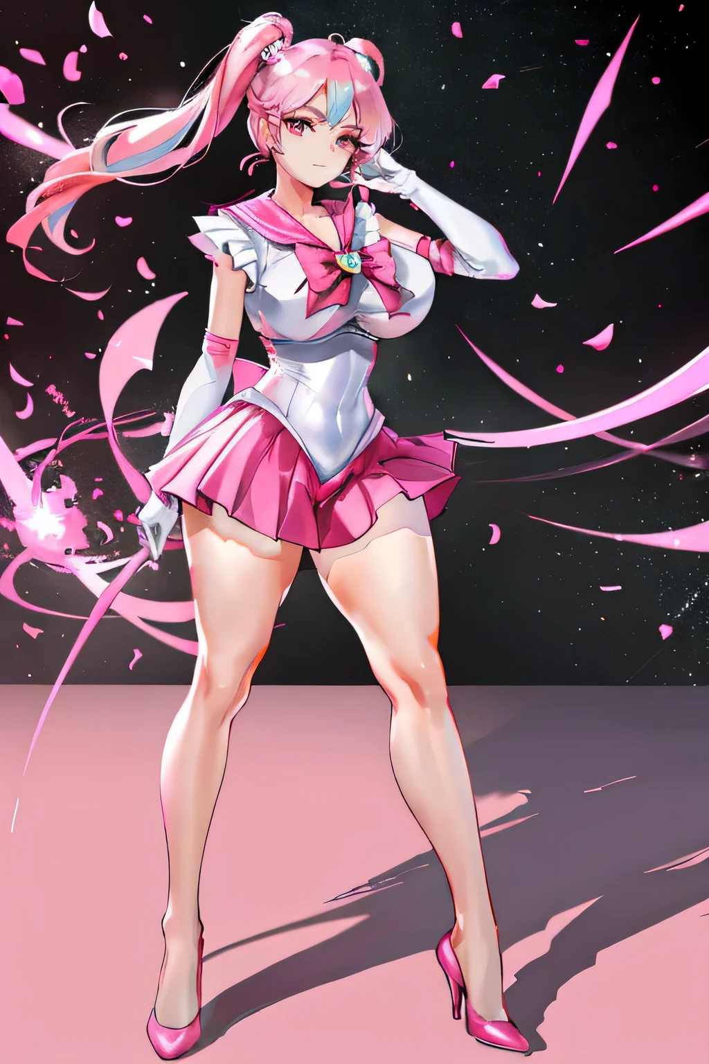 (8k, highest quality, masterpiece:1.2),\(Eye details\),\(Facial Features\),(\(Clothing Details\)\),(Huge boobs),Full Body Lesbian, Super Skirt,Pink Sailor Suit,(Face focus) ,Highly Detailed CG Unity 8K Wallpaper,Huge file sizes,Super detailed,High resolution,Absurd,Beautiful Eyes,Ray Tracing,Dramatic Shadows,Finely delineated,Dramatic angle,Hyper Detail,(1 girl:1.3),(alone),Mature Woman, Mature Woman,Thick tight,Big body type,Pink Hair,Twin tail hairstyle,Pink Eyes,(V than hand:1.2)