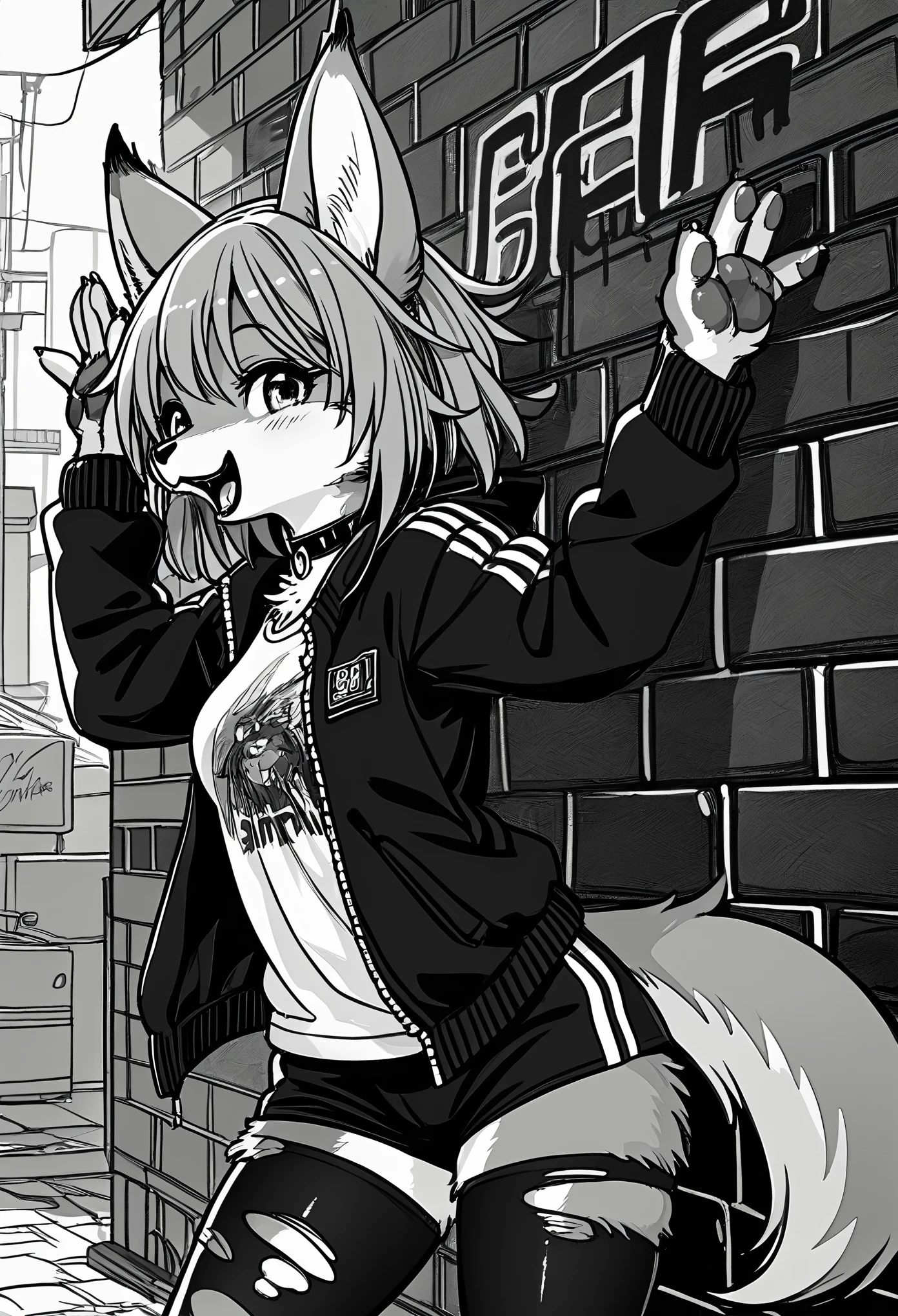 cover page, highres, top quality, best quality, paid reward available, unparalleled masterpiece, perfect artwork, absurdres, High-quality illustrations, laughing, perfect anatomy, lineart, monochrome, 1girl, kemono, furry, anthro, choker, shirt, torn legwear, open jacket, against wall, brick wall, graffiti, dim lighting, alley,