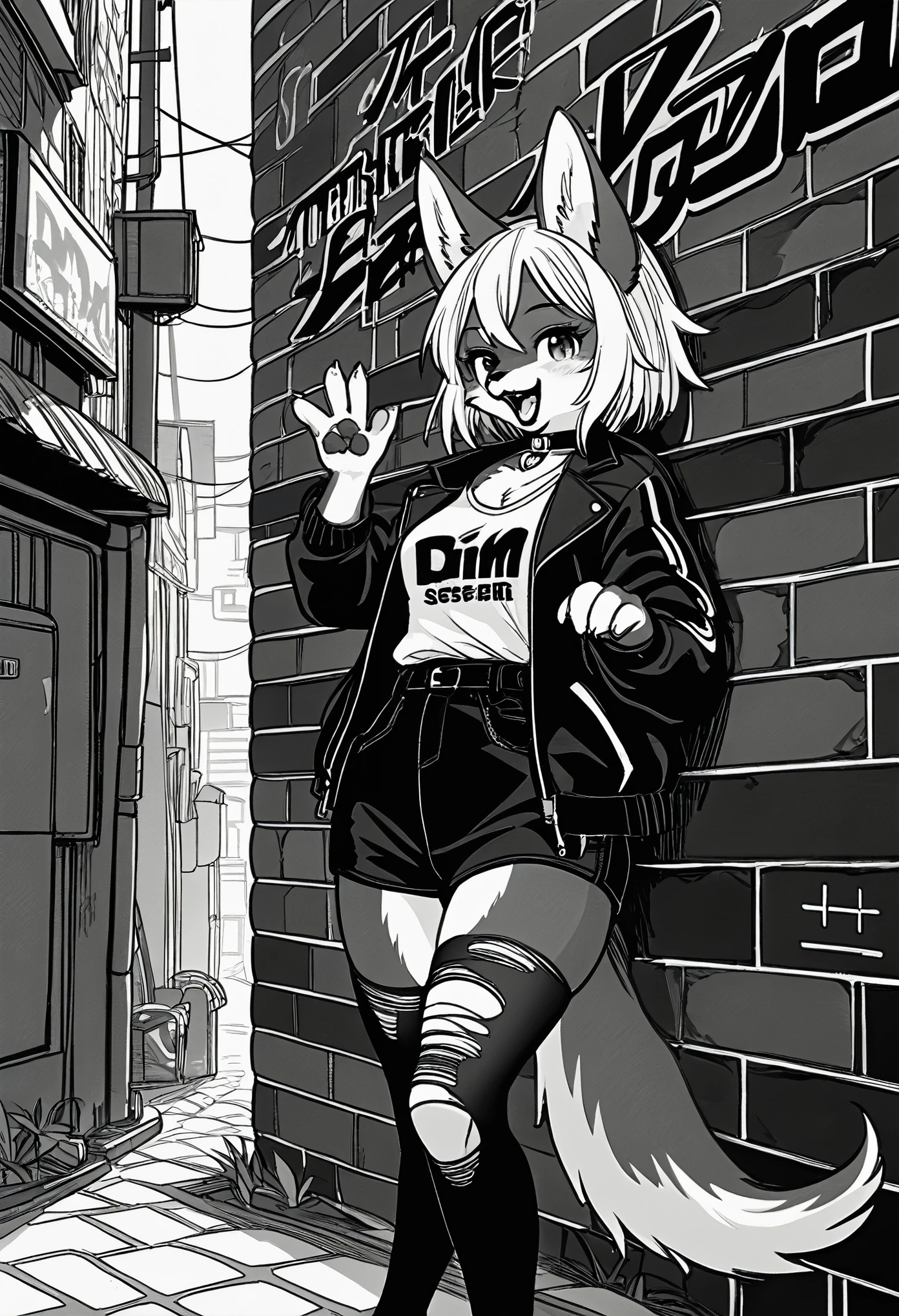cover page, highres, top quality, best quality, paid reward available, unparalleled masterpiece, perfect artwork, absurdres, High-quality illustrations, laughing, perfect anatomy, lineart, monochrome, 1girl, kemono, furry, anthro, choker, shirt, torn legwear, open jacket, against wall, brick wall, graffiti, dim lighting, alley,