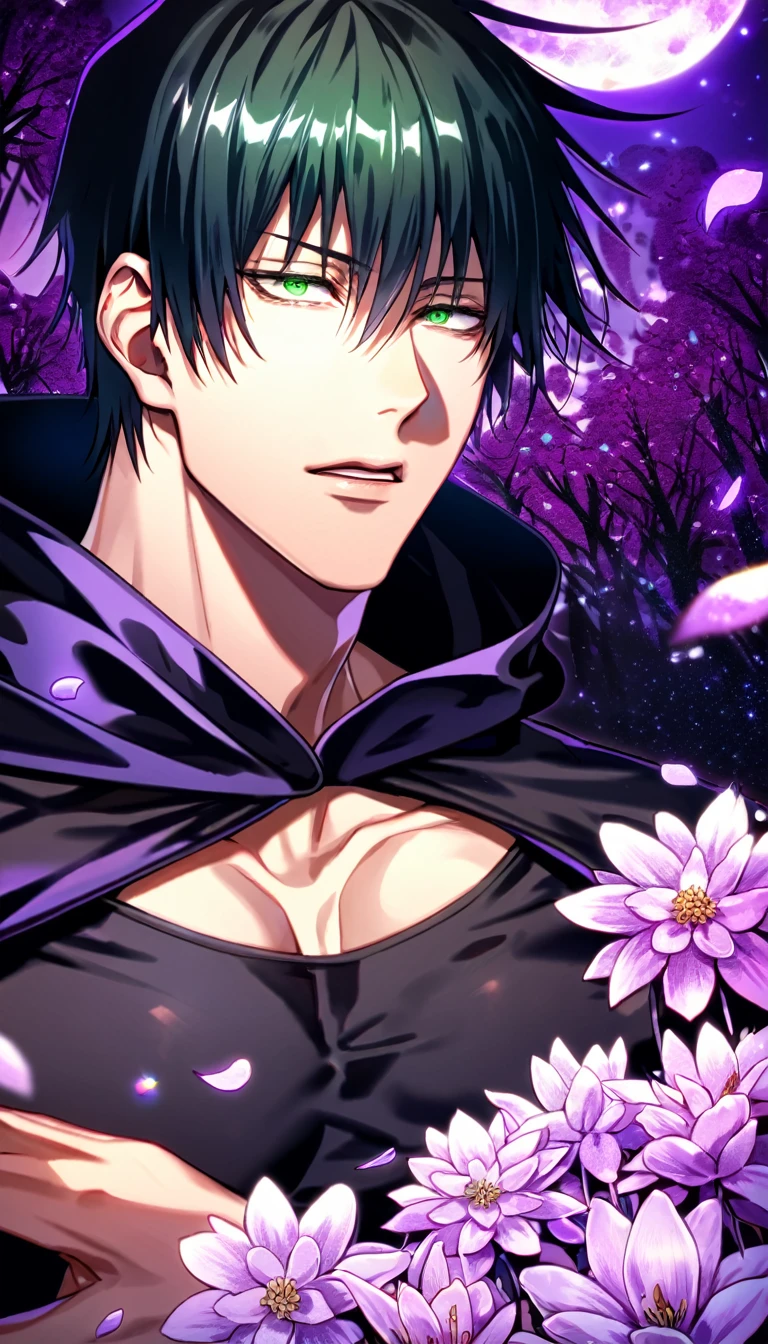 Ultra detailed, HDR, Highres, absurdres, master piece, Fushiguro Touji, black straight hair, expressive green eyes, Jujutsu Kaisen, purple background, petals, fantasy, purple flowers, sexy man, solo, extremely detailed face and eyes, handsome, glittering, toned chest, black coat with, black tight shirt, purple moon, black cape with a hoodie, purple flames,