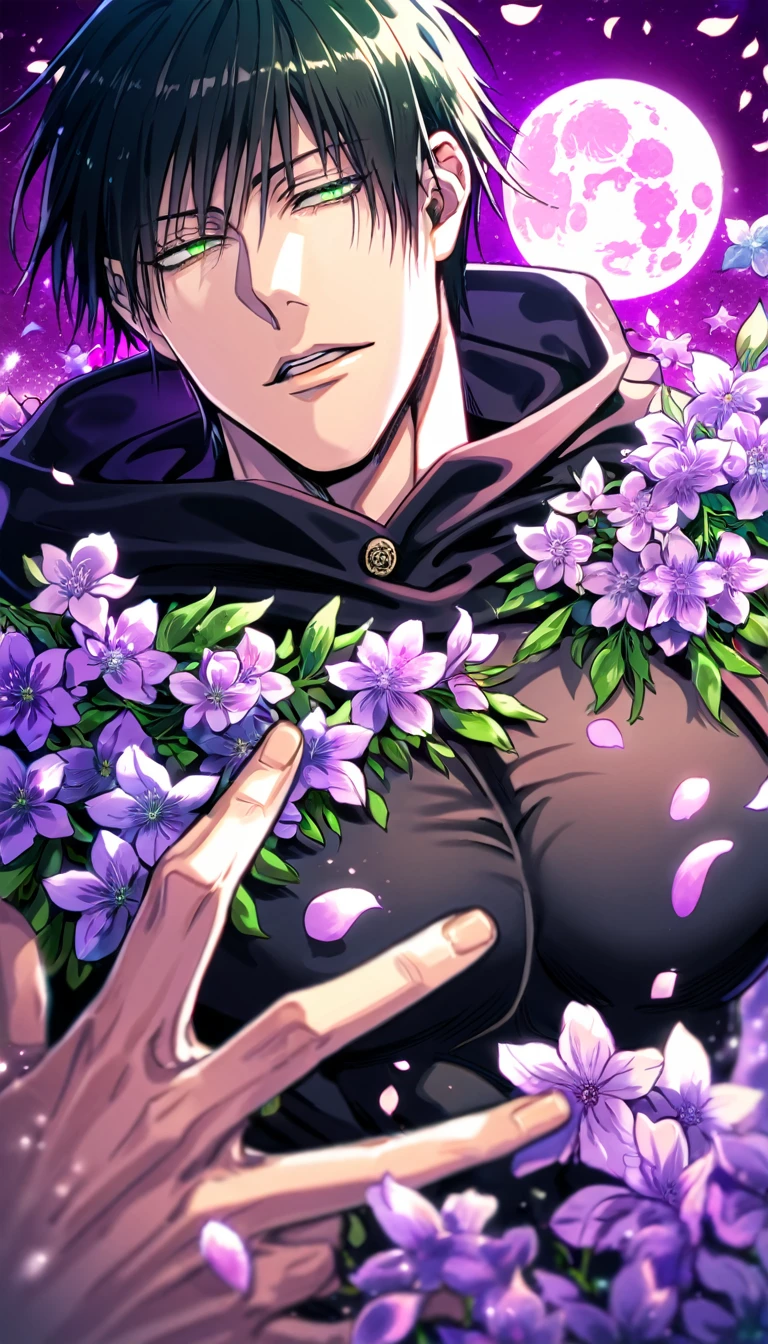 Ultra detailed, HDR, Highres, absurdres, master piece, Fushiguro Touji, black straight hair, expressive green eyes, Jujutsu Kaisen, purple background, petals, fantasy, purple flowers, sexy man, solo, extremely detailed face and eyes, handsome, glittering, toned chest, black coat with, black tight shirt, purple moon, black cape with a hoodie, purple flames,