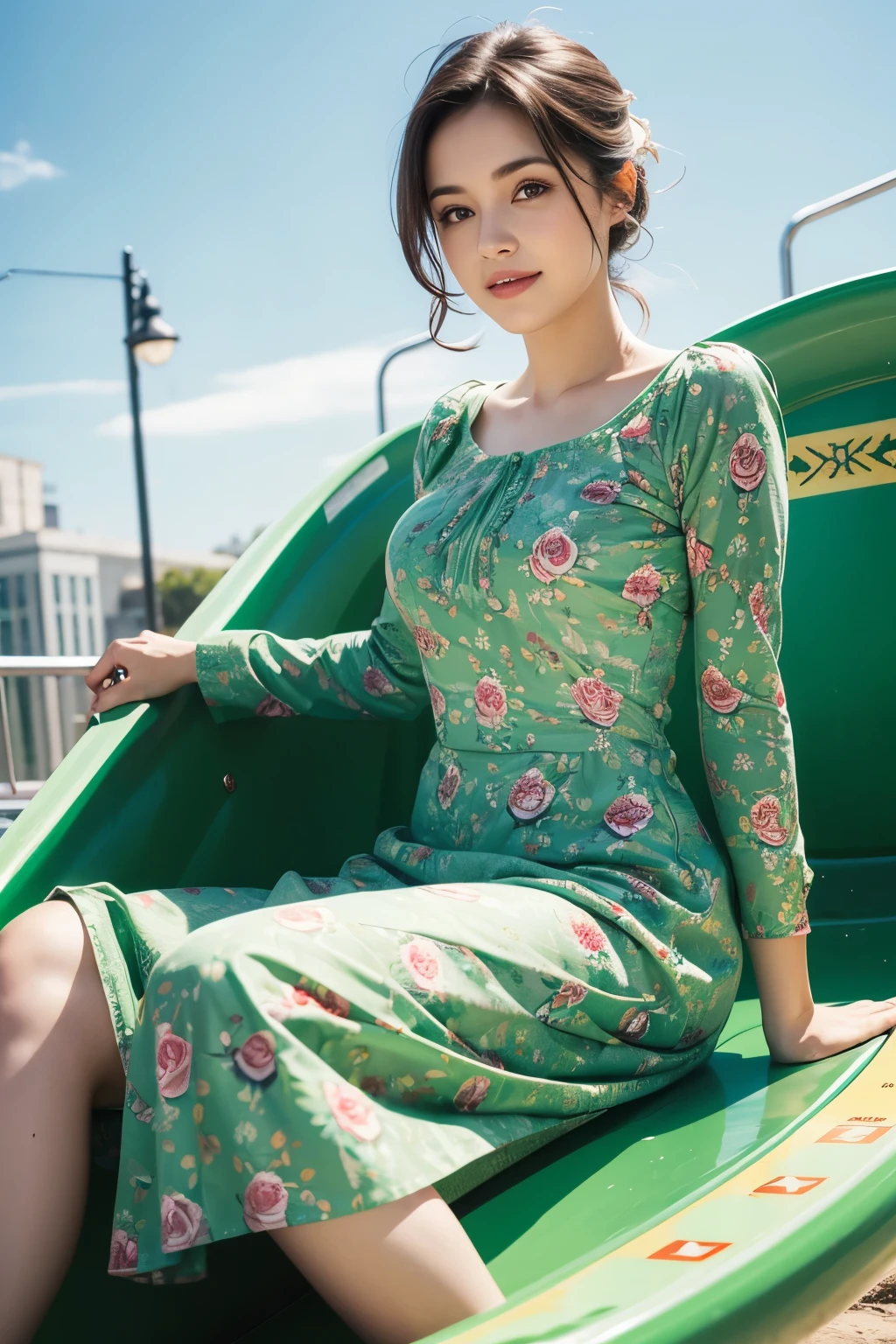 background as is, Beautiful woman riding a slide wearing a green patterned dress, magazine pose, 