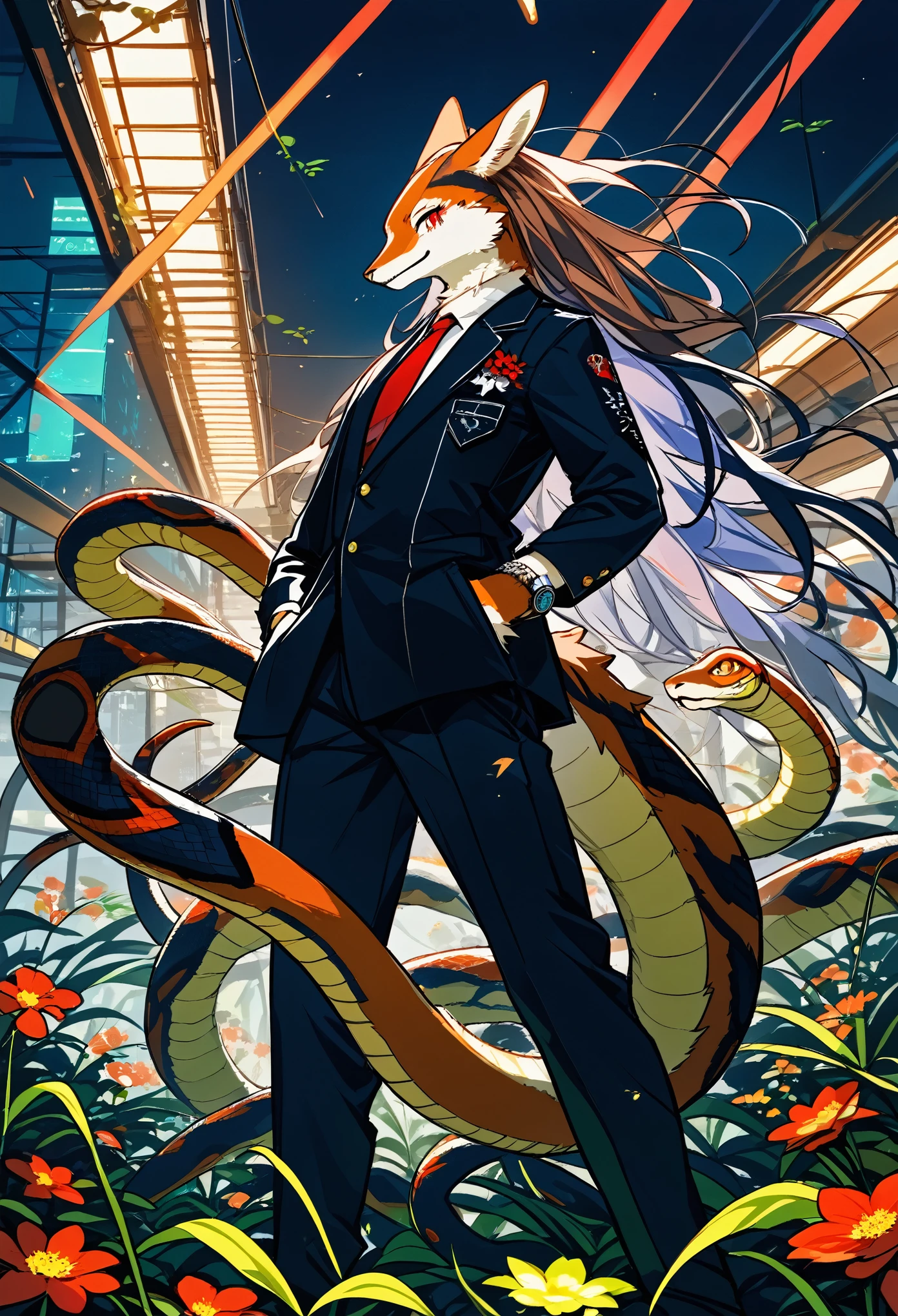 (best quality, high resolution, ultra-detailed)silhouett(kemono, furry anthro)holding striking pocket watch, surrounded by flowers, snakes and darkness, illustrative rendering, intricate details, mysterious atmosphere, vibrant colors, dynamic lighting , Gothic style,