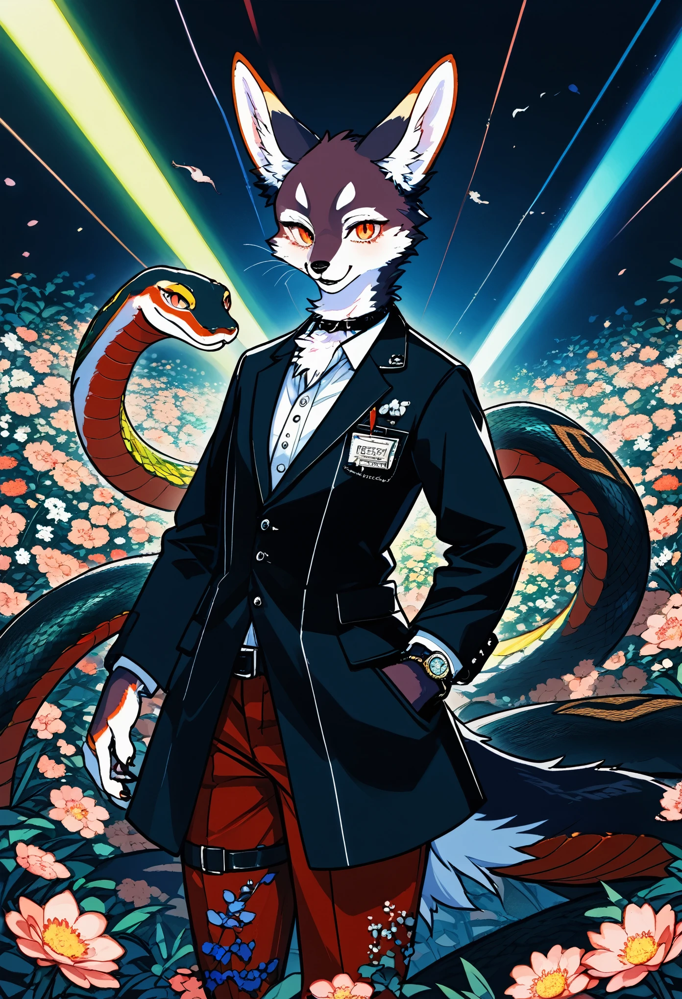 (best quality, high resolution, ultra-detailed)silhouett(kemono, furry anthro)holding striking pocket watch, surrounded by flowers, snakes and darkness, illustrative rendering, intricate details, mysterious atmosphere, vibrant colors, dynamic lighting , Gothic style,