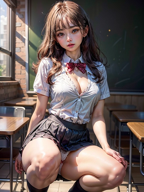 1 beautiful young girl, Pretty Face, (slim body:1.2), Practical, Extremely detailed CG unified 8k wallpaper, Very detailed, High-resolution original color photos, Professional photography, Practical portrait, light, Beautiful and detailed, (Beautiful breasts), (cleavage:1.2), (School uniform with wide open chest:1.5), (mini skirt:1.3), (Very small white lace panties:1.5), (Squat:1.1), Camel hoof detail, indoors, School, (best quality:1.4), Super Detail, high quality,