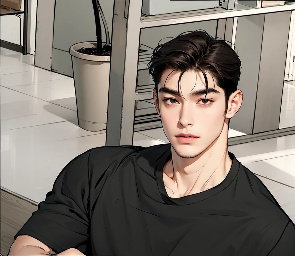 Masterpiece of man, Adult man with firm facial features like an Dutch, brown eyes, his nose is sharp, mature, brown eyes, neat short brown hair, very handsome, white, clean, smooth skin