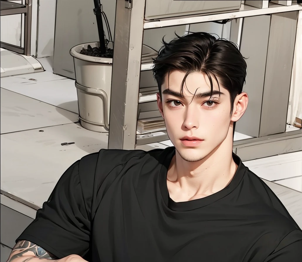 Masterpiece of man, Adult man with firm facial features like an Dutch, brown eyes, his nose is sharp, mature, brown eyes, neat short brown hair, very handsome, white, clean, smooth skin