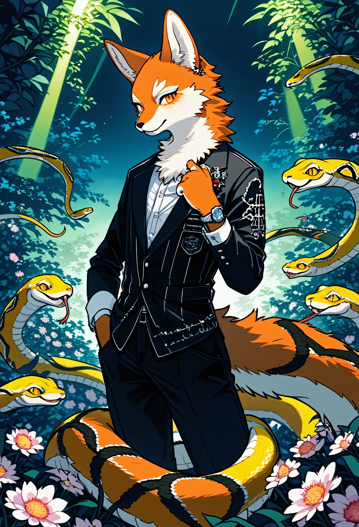 (best quality, high resolution, ultra-detailed)silhouett(kemono, furry anthro)holding striking pocket watch, surrounded by flowers, snakes and darkness, illustrative rendering, intricate details, mysterious atmosphere, vibrant colors, dynamic lighting , Gothic style,