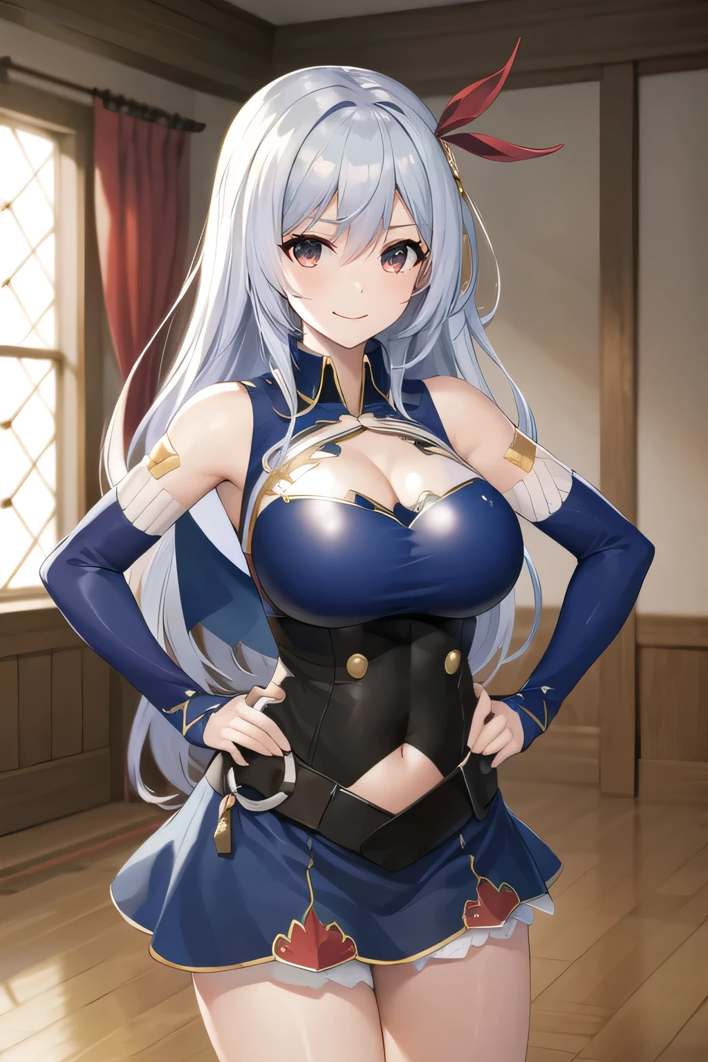 masterpiece, highest quality, High resolution, AF, Long Hair, hair ornaments, Big Breasts, Cleavage, Clothing cutouts, Blue Shirt, Sleeveless shirt, Removable sleeves, abdomen, skirt, blue skirt, indoor, Hands on hips, smile, Open your mouth, Cowboy Shot,