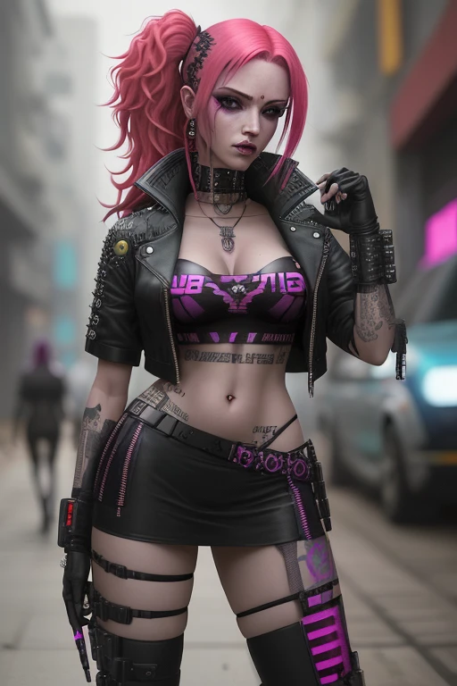 uma mulher com cabelo rosa e uma arma andando pela rua, Cyberpunk dura, roupa estilo cyberpunk, fantasia sombria sedutora cyberpunk, female garota de anime cyberpunk, cyberpunk com raiva linda deusa, Cyberpunk duras, cyberpunk 2 0 anos. oh garota modelo, garota ciberpunk, garota de anime cyberpunk, mulher ruiva cyberpunk, visual ciberpunk, Todas as roupas cyberpunk pretas, estilo ciberpunk, no estilo cyberpunk