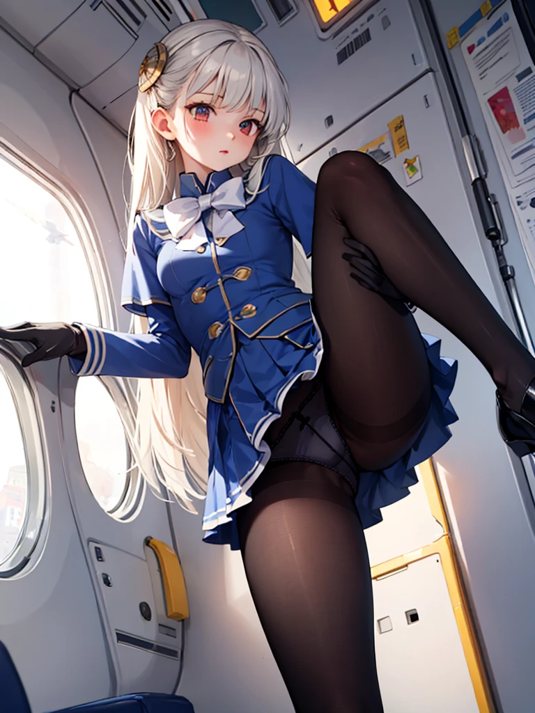 masterpiece, best quality, 1 girl, solo, 25 years old, small breasts, ingridms, hairpods, gloves, skirt, pantyhose, bow, dress, black pantyhose, black panties under pantyhose, airplane interior, looking through legs,