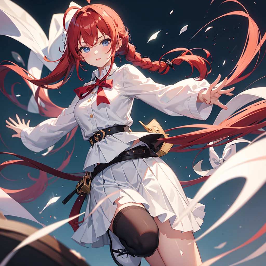 1girl, solo,Ponytail,Red Hair,MASHIROIRO SYMPHONY, INUI SANA,Showing the panties,masterpiece,best quality,highres,ultra-detailed,inui sana,blue eyes,long hair,red hair,high ponytail,ahoge,braid,hair between eyes,bangs,hair bow,neck ribbon,long sleeves,white jacket,collared shirt,juliet sleeves,white skirt,(black socks:1.2)
