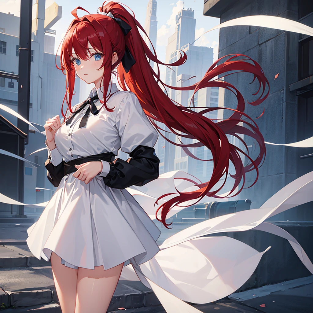 1girl, solo,Ponytail,Red Hair,MASHIROIRO SYMPHONY, INUI SANA,Showing the panties,masterpiece,best quality,highres,ultra-detailed,inui sana,blue eyes,long hair,red hair,high ponytail,ahoge,braid,hair between eyes,bangs,hair bow,neck ribbon,long sleeves,white jacket,collared shirt,juliet sleeves,white skirt,(black socks:1.2)