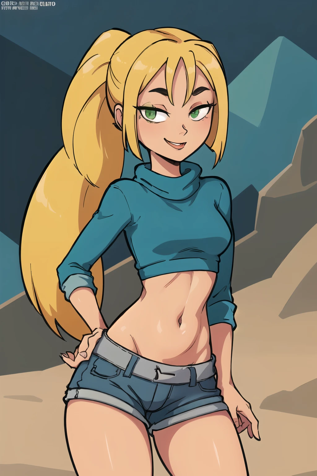 ((masterpiece,best quality)), absurdres, Zoey_Total_Drama, solo, smiling, looking at viewer, cowboy shot, cinematic composition, contrapposto, green eyes, short ponytail, crop top sweater, shorts, thighs