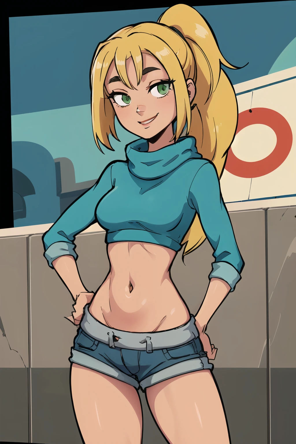 ((masterpiece,best quality)), absurdres, Zoey_Total_Drama, solo, smiling, looking at viewer, cowboy shot, cinematic composition, contrapposto, green eyes, short ponytail, crop top sweater, shorts, thighs