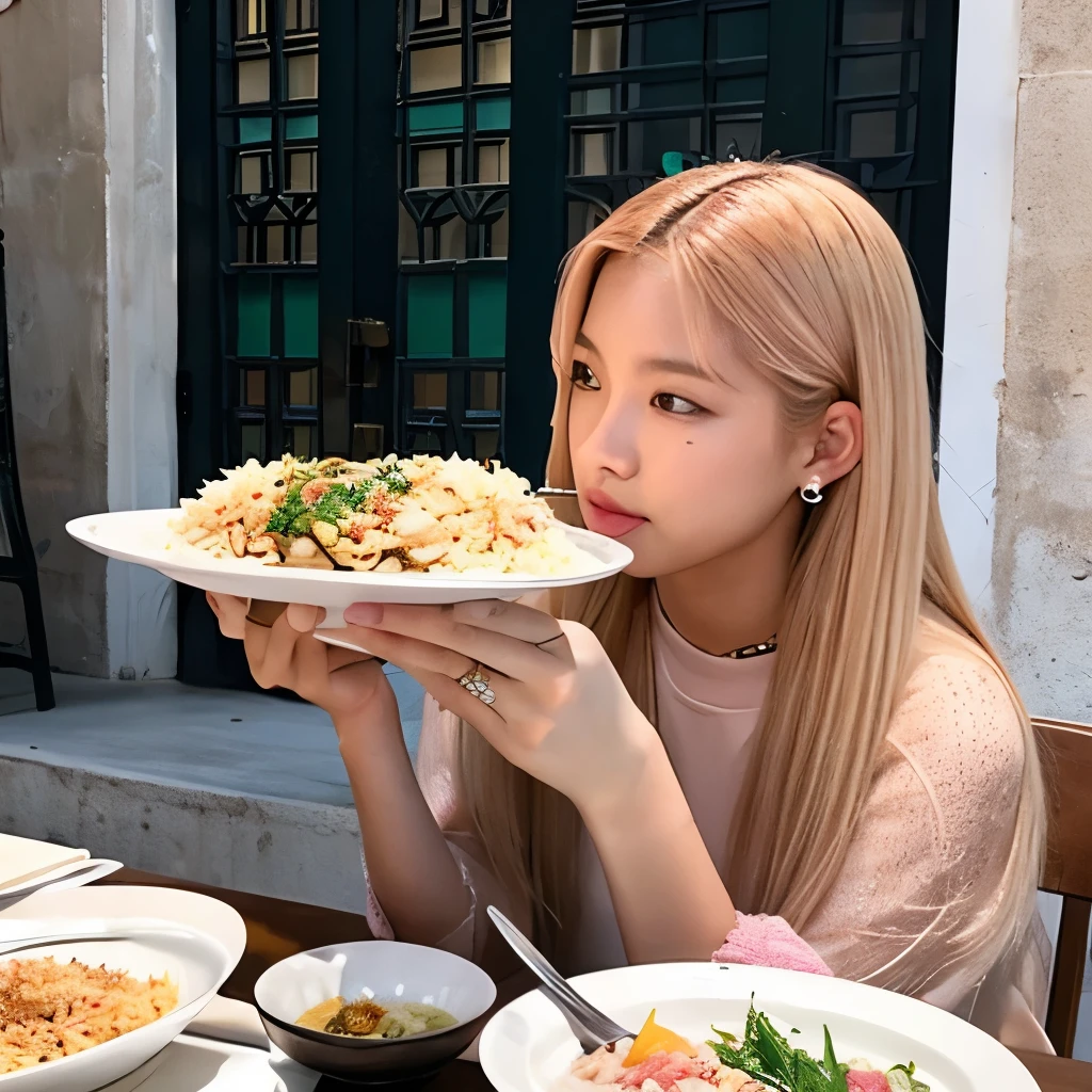 Rosé blackpink blonde straight hair eating rice with Jungkook