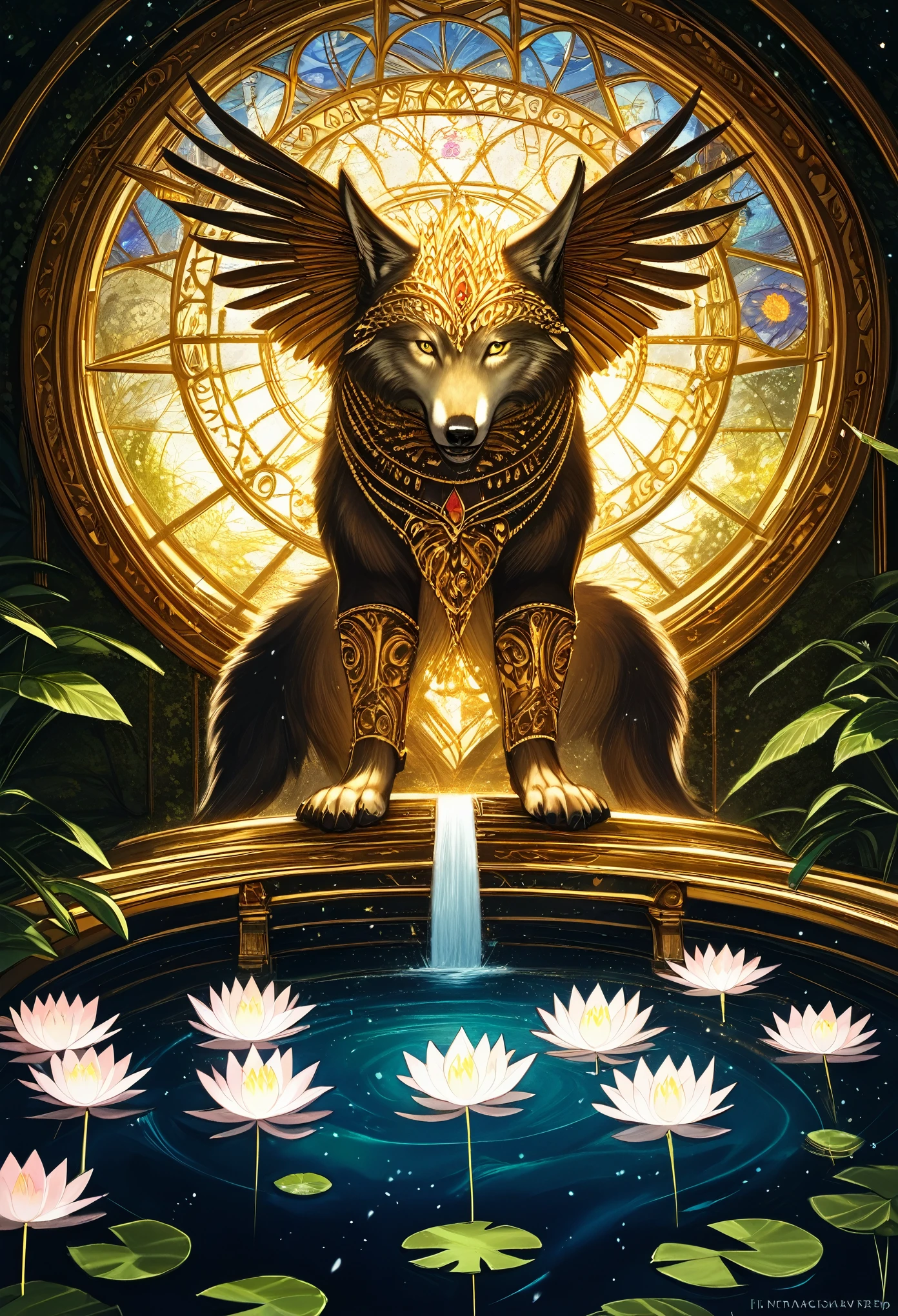 male wolf monk in the garden,dreamy background, lotus position, put one's palms together, The Sanskrit golden wheel behind it, Flying golden Sanskrit, kindness, divinity,divine light, holy light, boundless light, magnificent sunset background, octane render, gorgeous features, beautifully detailed eyes,intricate fur, detailed face, perfect skin texture, extreme details, full body view, cinematic lighting, professional lighting, centered, looking at camera, 8k, shot with Hasselblad X1D-50, maximum focus, depth of field, perfect lighting, light particles(best quality)(masterpiece)(ultra detailed)sharp focus,light particles,