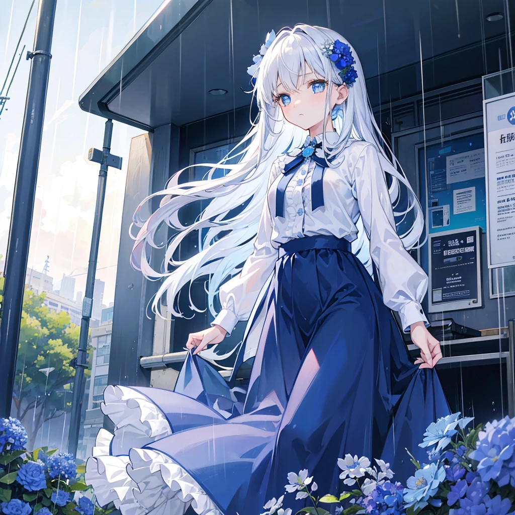 girl, looking at sky,((looking away)),bus stop ,from below,rain,Blue eyes, big eyes,droopy eyes, With blue flower corsage,frill shirt,long skirt ,Slender body,  White long hair