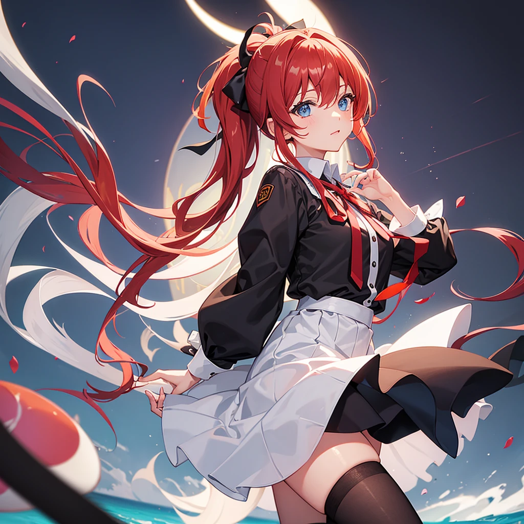 1girl, solo,Ponytail,Red Hair,MASHIROIRO SYMPHONY, INUI SANA,Showing the panties,masterpiece,best quality,highres,ultra-detailed,inui sana,blue eyes,long hair,red hair,high ponytail,ahoge,braid,hair between eyes,bangs,hair bow,neck ribbon,long sleeves,white jacket,collared shirt,juliet sleeves,white skirt,(black socks:1.2)