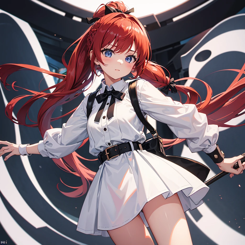 1girl, solo,Ponytail,Red Hair,MASHIROIRO SYMPHONY, INUI SANA,Showing the panties,masterpiece,best quality,highres,ultra-detailed,inui sana,blue eyes,long hair,red hair,high ponytail,ahoge,braid,hair between eyes,bangs,hair bow,neck ribbon,long sleeves,white jacket,collared shirt,juliet sleeves,white skirt,(black socks:1.2)