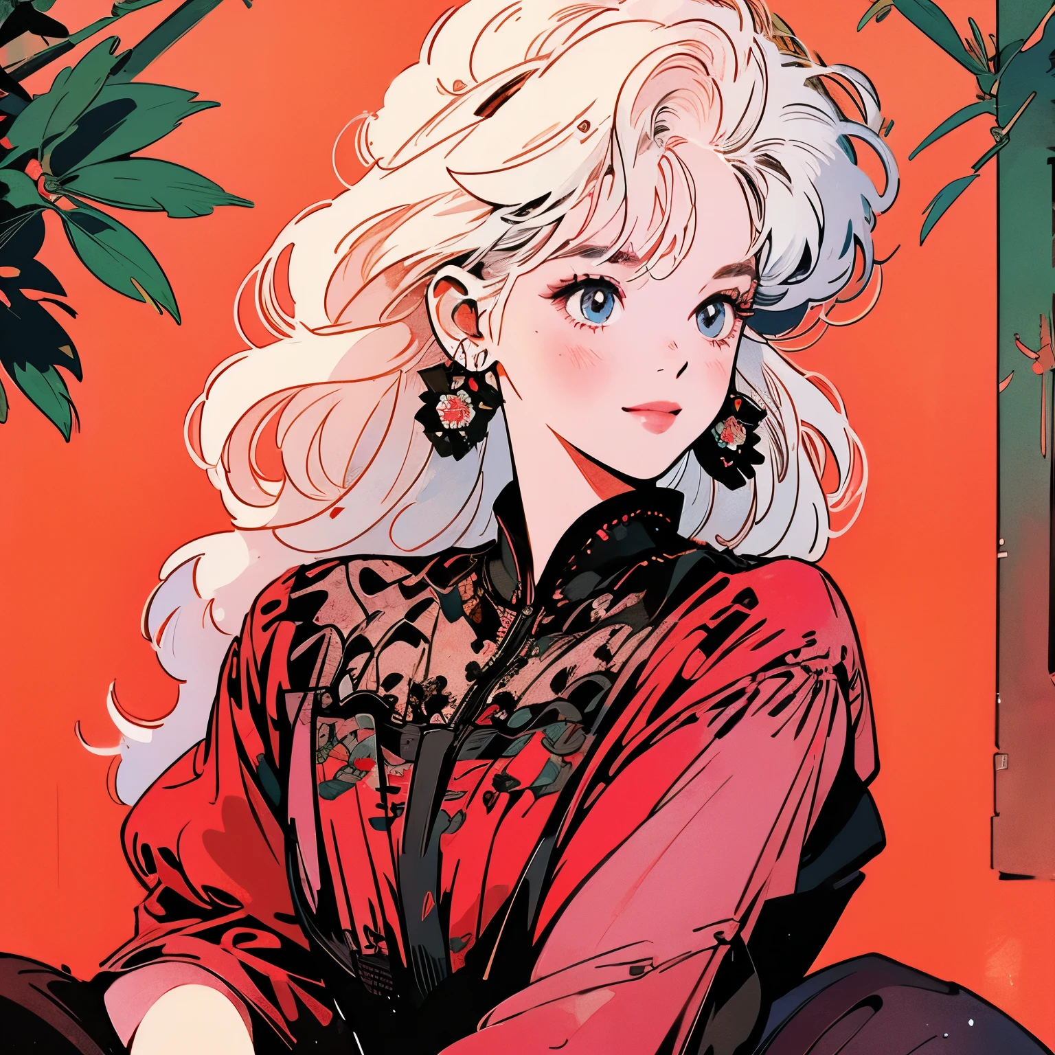 whole body、1 girl、4k、Red Rose、Complex background、Detailed Hair、Faint lighting、smile、Lots of flowers、White Hair