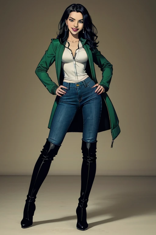 (full body:1.4).  Beautiful 24 yo woman of Irish descent. athletic figure,(pale:1.4)complexion. raven black hair, green eyes, cute butt, nice legs. Kind eyes,(joy:1.3),(smile:1.2). Jacket, blouse, skinny jeans, knee high boots. Flirty.