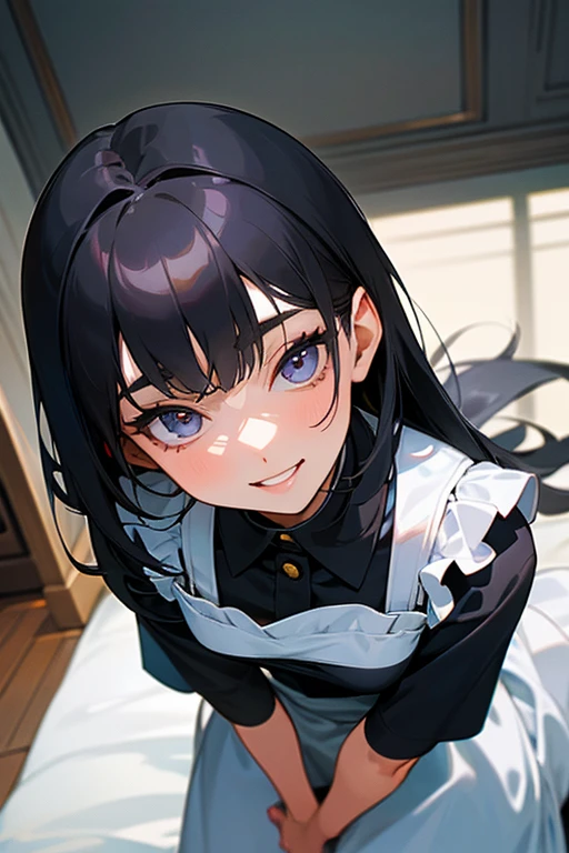 (Highest Resolution, clear_image) highest quality, Single person, One woman, alone, masterpiece, Very detailed, Semi-realistic, Black Hairのショートヘア, Black Hair, bangs, 18-year-old, mature, light blue uniform, uniform, Indoor Background, kind, Authoritative, Powerful, exquisite features, exquisite features、Eyelashes become longer、Showing teeth、smile😀、Maid clothes、woman'Fingers in the、rooftop、Fluttering Hair、