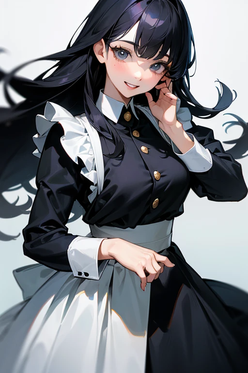 (Highest Resolution, clear_image) highest quality, Single person, One woman, alone, masterpiece, Very detailed, Semi-realistic, Black Hairのショートヘア, Black Hair, bangs, 18-year-old, mature, light blue uniform, uniform, Indoor Background, kind, Authoritative, Powerful, exquisite features, exquisite features、Eyelashes become longer、Showing teeth、smile😀、Maid clothes、woman'Fingers in the、rooftop、Fluttering Hair、