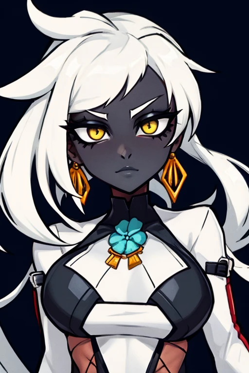 Busty matte black skin white hair girl in exotic clothing