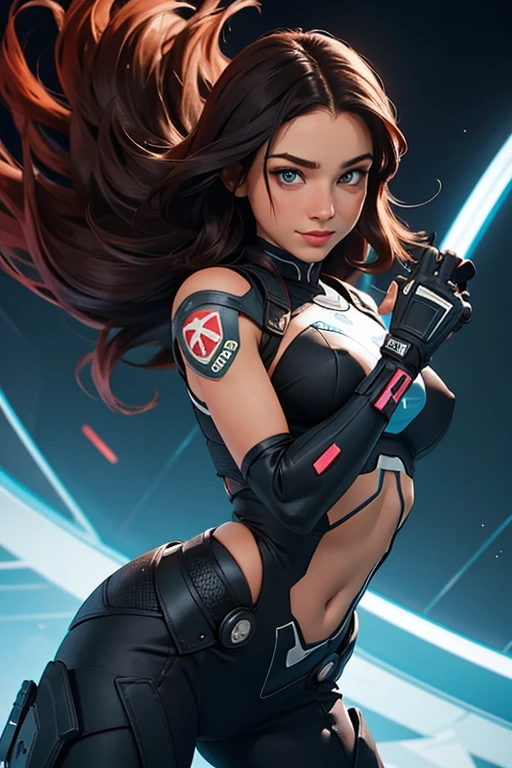 Imagem ultra realista de alta qualidade de uma mulher.  The woman is a mix of Native American and Jewish.  Recursos fortes, Pele clara.  Cabelo cacheado castanho escuro, olhos escuros.  The woman is dressed in semi-futuristic combat gear.  Ela tem armas e facas amarradas ao corpo.  A linda mulher tem um sorriso malicioso.  Your eyes shine with hate.