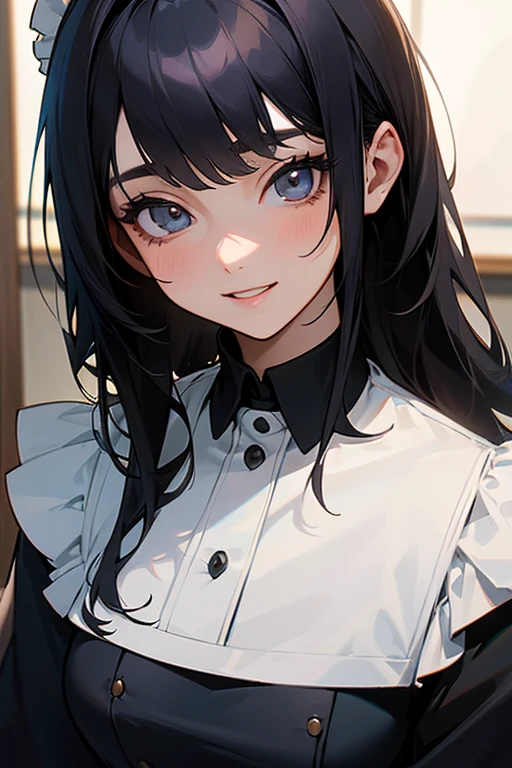 (Highest Resolution, clear_image) highest quality, Single person, One woman, alone, masterpiece, Very detailed, Semi-realistic, Black Hairのショートヘア, Black Hair, bangs, 18-year-old, mature, light blue uniform, uniform, Indoor Background, kind, Authoritative, Powerful, exquisite features, exquisite features、Eyelashes become longer、Showing teeth、smile😀、Maid clothes、woman'Fingers in the、rooftop、Fluttering Hair、