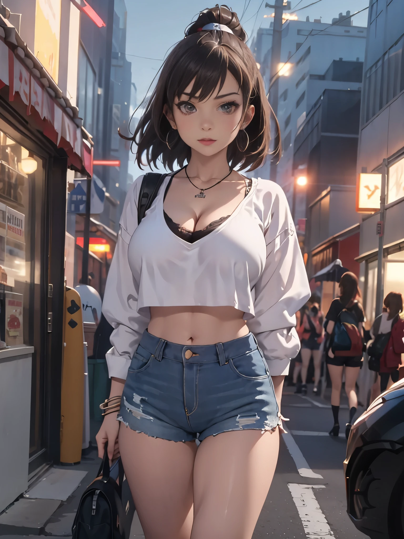 (1 girl, solo),Best quality, full body portrait, delicate face,brown long hair, bob haircut, forehead, 18 year old girl, slim figure, huge bust, loose oversized u-neck crop top full sleeved shhirt, cleavage,(under boobs:1.4), crotch gap, cameltoe, over shirt shorts, seen string of bikini bottoms, sunset bridge, vintage vespa behind, scene, standing tall, long leg , necklace, rings, earrings, bracelet, watch, open legs, araffe woman in shorts and a white top walking down a street, photorealistic perfect body, anime girl in real life, realistic anime 3 d style, sexy girl wearing shorts, at a city street, hyperrealistic full figure, bra and shorts streetwear, beautiful model girl, cyberpunk 2 0 y. o model girl, fashion model, hyper realistic anime, small waist, naval piercing, bellybutton pierced, nightlife,visible bra,denim shorts,tight ass, slutty,at night photo, night photography,brown hair(night outdoors)