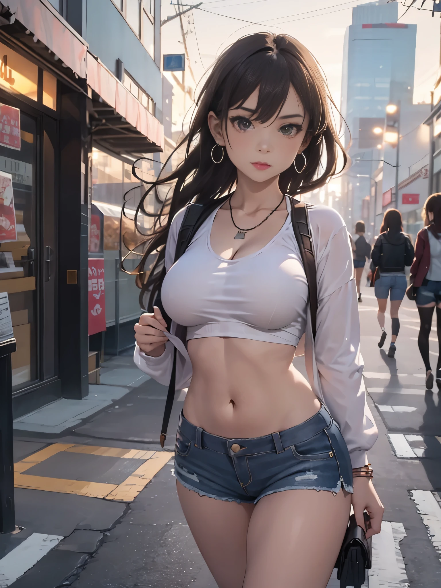 (1 girl, solo),Best quality, full body portrait, delicate face,brown long hair, bob haircut, forehead, 18 year old girl, slim figure, huge bust, loose oversized u-neck crop top full sleeved shhirt, cleavage,(under boobs:1.4), crotch gap, cameltoe, over shirt shorts, seen string of bikini bottoms, sunset bridge, vintage vespa behind, scene, standing tall, long leg , necklace, rings, earrings, bracelet, watch, open legs, araffe woman in shorts and a white top walking down a street, photorealistic perfect body, anime girl in real life, realistic anime 3 d style, sexy girl wearing shorts, at a city street, hyperrealistic full figure, bra and shorts streetwear, beautiful model girl, cyberpunk 2 0 y. o model girl, fashion model, hyper realistic anime, small waist, naval piercing, bellybutton pierced, nightlife,visible bra,denim shorts,tight ass, slutty,at night photo, night photography,brown hair(night outdoors)