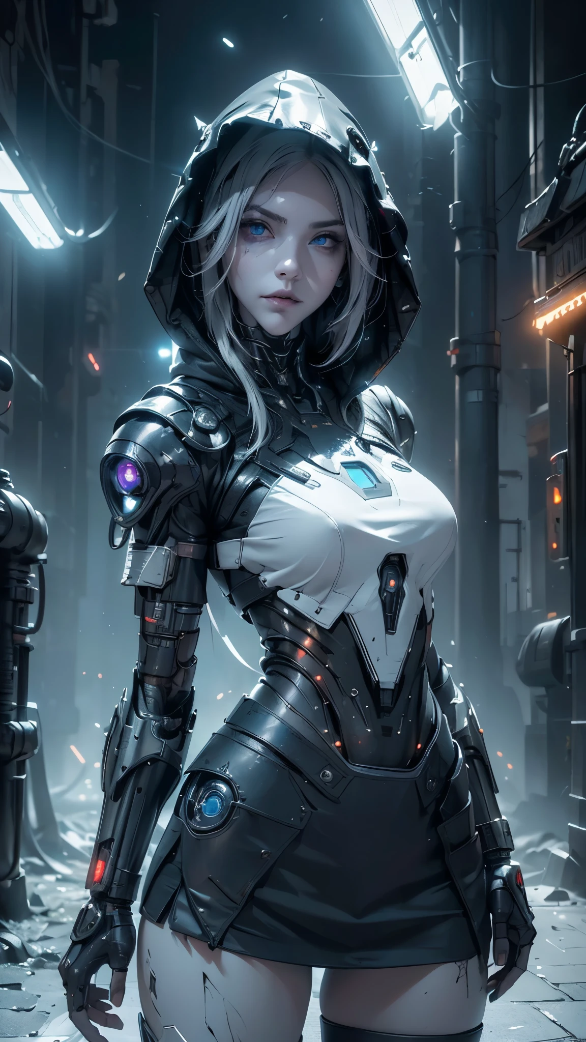 puntaje_9, puntaje_8_arriba, puntaje_7_arriba, puntaje_6_arriba, Classification_explicit, 1 chica, ((18 years:1.2)),,(Fondo de ruinas de mazmorra en ruinas cyberpunk :1.4 ), adulto, labios llenos, grandes ojos claros, ojos azul claro, ((pelo rubio:1)),(miniskirt white plisada colegiala :1.4), (cabello ondulado largo: 1.2), NSFW, 1 chica,(manos perfectas: 1.5) ,(Detalles de la cara: 1.5, ojos azules brillantes, hermoso rostro, ojos bonitos, Iris lining, labios delgados: 1.5, delgado, pale and sharp eyebrows, largo, dark eyelashes, double tabs), cuerpo completo, ciberpunk, mecha, mechanics, (Obra maestra: 1.4), (8K, realista, foto cruda, La mejor calidad: 1.4), Transparent nipple areola shape, Hermosos pechos, Chica japonesa, Hermosa cara linda, (Cara real: 1.4), Perfecto , hermoso peinado, Ojos azules realistas, Hermosos ojos de detalle, (piel real: 1.3), Piel hermosa, atractivo, cara enojada, ultra high resolution, ultra Realista, cinematic lighting, hair dyed white, Cabello largo, Cintas, Ruinas de la ciudad, mundo futurista,traje retrofuturista,cyborg,pelo blanco,una parte de la cara es robot,retrofuturistic colors, neon lights ,Postura de yoga,vista trasera, (colores brillantes), (cyborg samurai white cyber :1.4), (Cyber hood with dull and bright LEDs:1.4), Pale bright with LEDs,( cybernetic suit made of gray carbon materia:1.4)