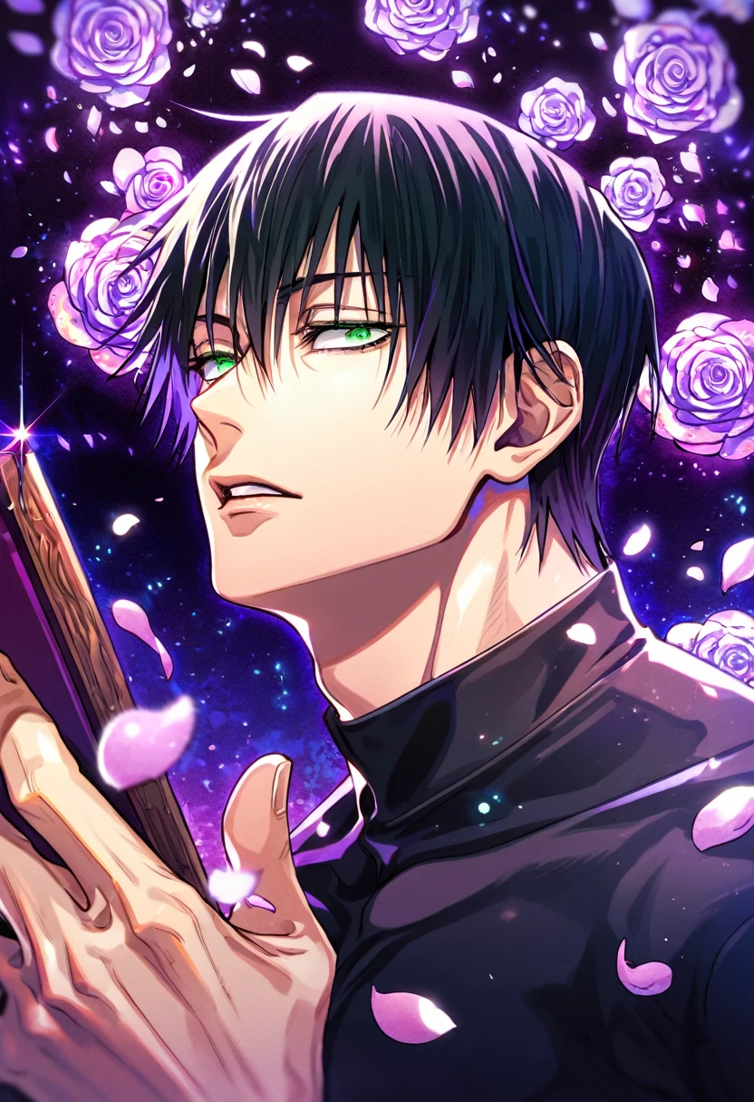 Ultra detailed, HDR, Highres, absurdres, master piece, Fushiguro Touji, black straight hair, expressive green eyes, Jujutsu Kaisen, purple background, petals, fantasy, purple flowers, sexy man, solo, extremely detailed face and eyes, handsome, glittering, toned chest, black coat, black tight shirt, purple moon, purple flames,