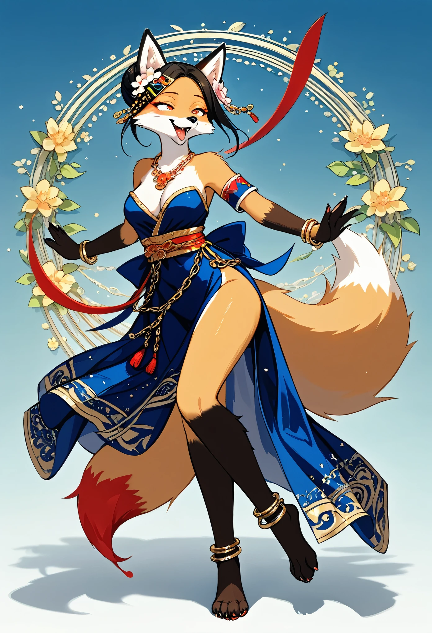 top quality, ancient Chinese beauty(highly detailed beautiful face and eyes)absurdres, perfect anatomy((beast woman, solo focus)) (((furry))) (furry anthro:1.7) ((((Furry body, fox facial features, fox body features)))) ((fox's muzzle, very detailed body fur))full body, dancing pose, gorgeous dress embroidered with intricate embroidery, transparent colorful ribbons tied around her arms, bare shoulders, open neck, wreath, black bun with flower hairpins Belts, armbands with streamers, necklaces, bracelets, anklets, metal chain tassels around the waist, Mogao Grottoes art, inspiration from Dunhuang Flying Apsaras murals, ink wash,