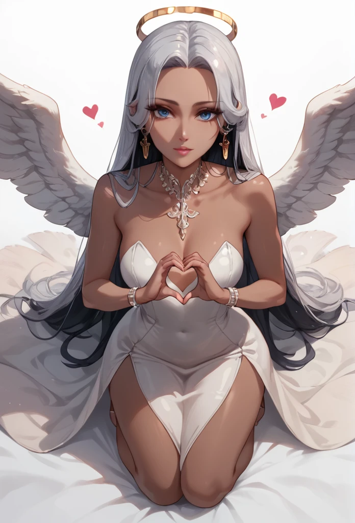 score_9, score_8_up, score_7_up, score_6_up, score_5_up, score_4_up, small boa hancock, full body, white elegant dress, silver hair, brown skin,  body, black angel wings, kneeling, front view, looking the viewer, from above, collarbone, heart hands, grothic church background