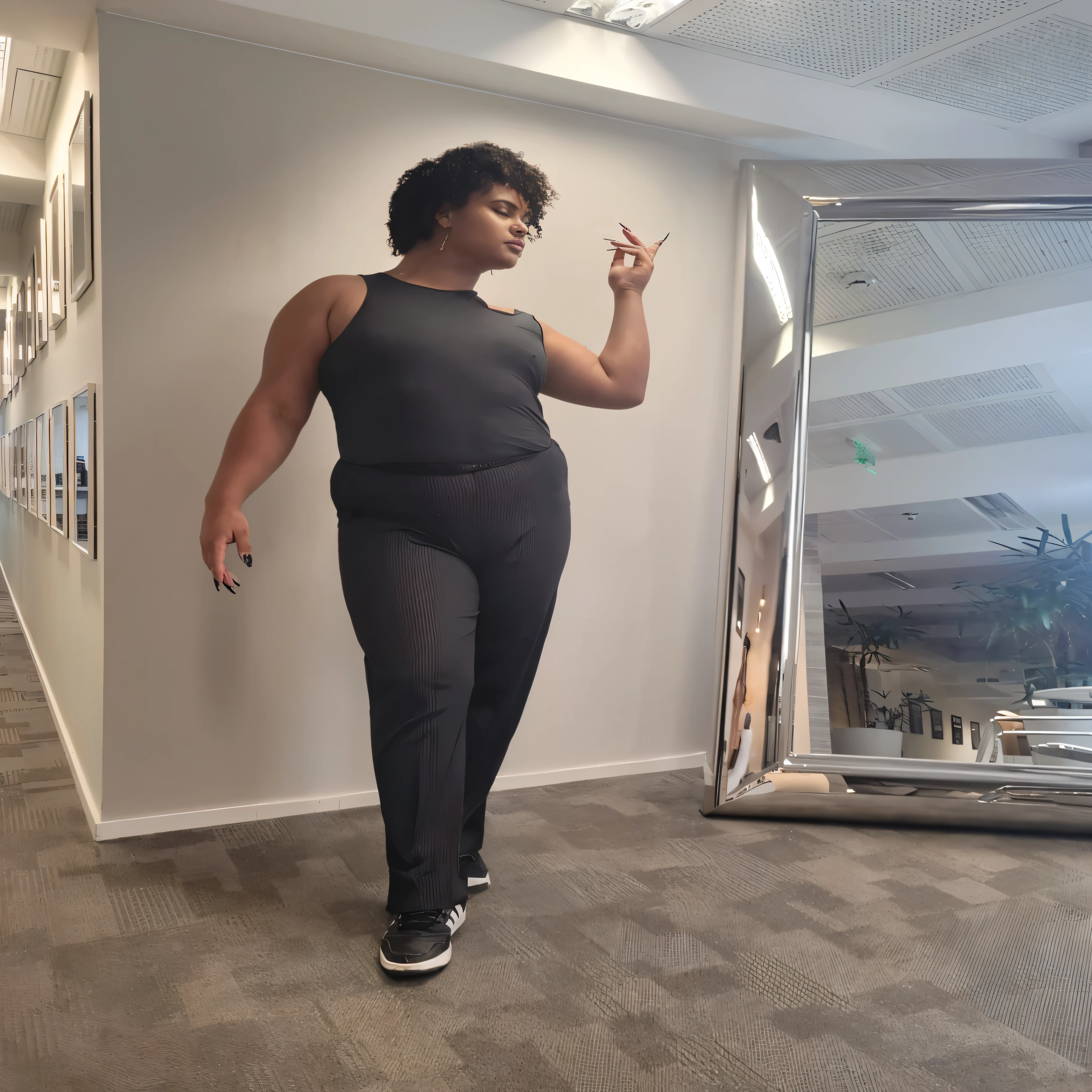 there is a woman standing in a room with a mirror, grosso, grosso build, vestindo um body preto, foto de corpo inteiro, vestindo terno de atletismo, vestindo roupas pretas justas, fazendo uma pose atrevida, fazendo uma pose majestosa, corpo inteiro com fantasia, posando pronto para uma luta, corpo inteiro, altura total, tamanho grande, vestindo um agasalho
