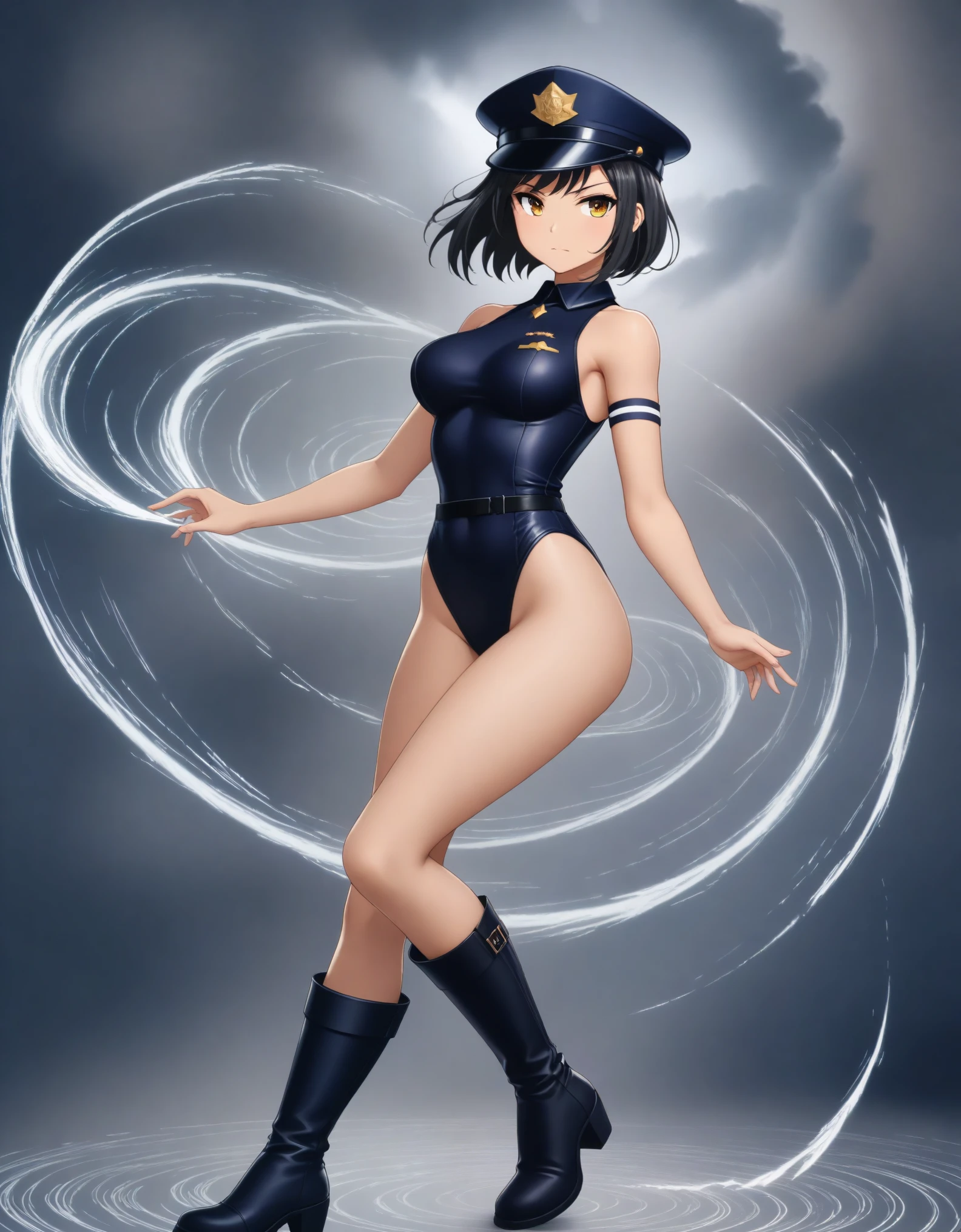 (masterpiece), (best quality), (high res),1girl, tall body, ((short hair, bob hair, jet black hair)), (hazel eyes) beautiful detailed eyes, beautiful detailed face, cute face, perfect hands, complete fingers, perfect anatomy, perfect proportions, ((hat, black police hat)), ((leotard, matching leotard, bare legs)), ((boots, matching boots)), breasts, medium breasts, fingerless gloves, (full body portrait), looking at viewer, solo, solo focus, police uniform, cowboy shot, (belt, tight belt), (armbands, white sleeves), serious, crossed arms, full body costume design. ahoge, (she spins in place like a (tornado), (she spins) at an (incredible speed), creating a whirlwind of air around her,spiral lines around,cyclone winds around,tornado spinning).