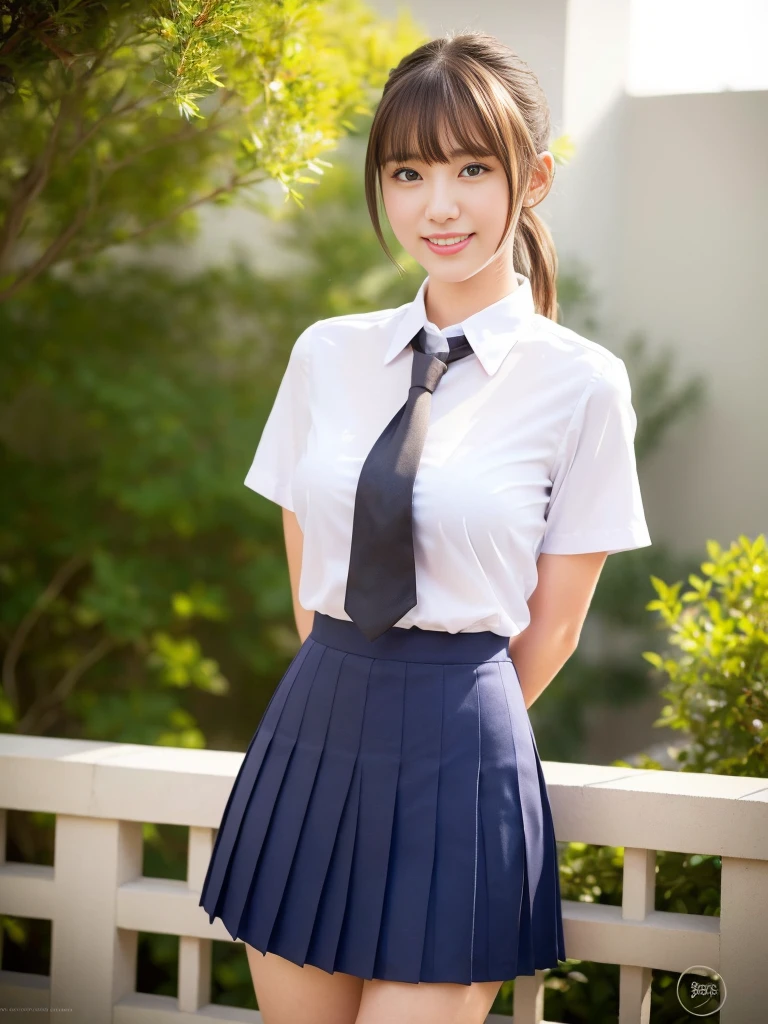 a beautiful 18-year-old Japanese lady,short light brown twin ponytail hair,serafuku uniform,tight moderately translucent shirt,large round breasts,slender curvy figure,beautiful detailed eyes,long eyelashes,double eyelids,elongated eyes,innocent smile,short red ribbon tie,short pleated skirt,school patio background,hands on her hip,36-23-34 measurements,(best quality,4k,8k,highres,masterpiece:1.2),ultra-detailed,(realistic,photorealistic,photo-realistic:1.37),HDR,vivid colors,studio lighting