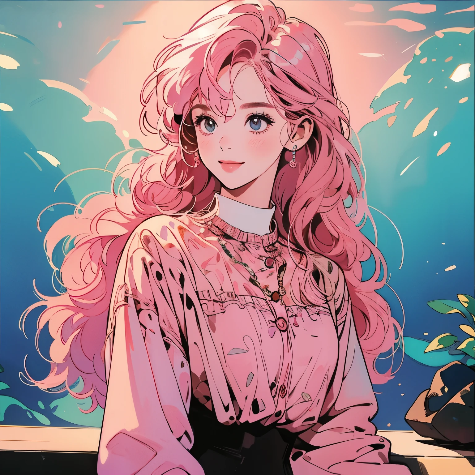 whole body、1 girl、4k、Aquarium、Complex background、Detailed Hair、Faint lighting、smile、Pink Hair