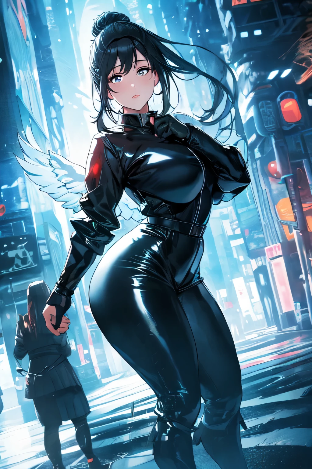 beautiful, alone, 1 chubby woman with 5 pair of black archangel wings, long hair tied in a ponytail, black hair, blue highlights at the ends of her hair, silver eyes (detailed eyes), determined look, embarrassed expression, red lips (perfect lips), wide hips, potato thick leg, black leather jumpsuit, pleated skirt,long fur jacket, futuristic, cyberpunk, cinematic angle, cinematic lighting, artwork, best quality, nsfw, crotch rubbing