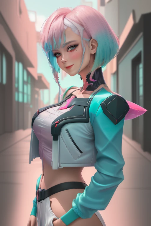 mulher feminina cyberpunk vestindo (Turquoise jacket with chromatic details:1.1), elegante body completo rosa e branco, side view turning to the camera, (Petal blush, Fundo de cor azul lagoa:1.3), amazing smile, looking at the camera, Hora dourada