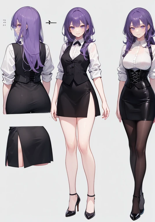 Purple hair,long hair,Adult female,Bartender,((Rolling up your sleeves shirt)),black vest,(Corset),(skirt),(slit),High heels,((Simple background)),Smile,((Full body)),((whole body)),Character Sheet,