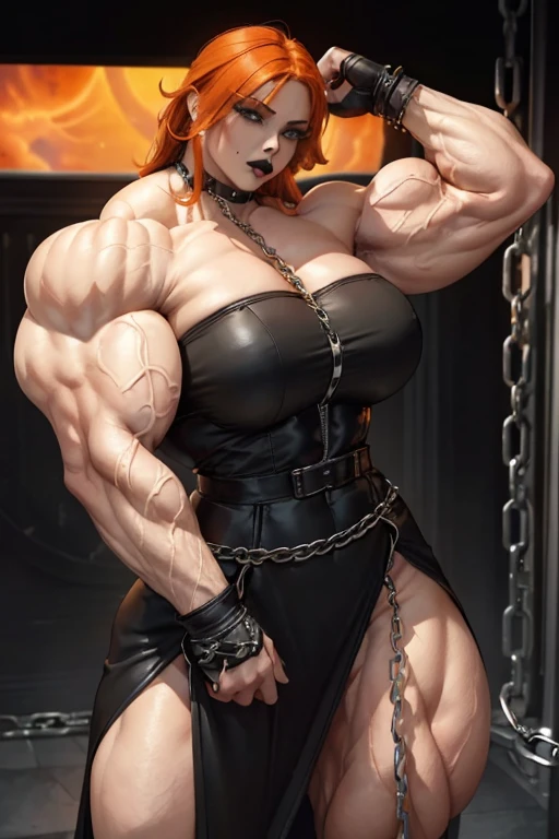 ((((Massive tall, beautiful, buff, pale white skinned muscular woman with orange hair, black lipstick, ginormous bulky muscles, surrounded by chains and wearing a beautiful black leather long dress)))), close view, beautiful black leather long dress, massive muscle, massive biceps, hyper muscle shoulders, ((ginormous muscle arms)), hyper muscle triceps, (shaggy long hair), green eyes, choker, pleated skirt, (chain belt), black coat, black boots, (fingerless gloves), (orange smoke surrounding the body), in a darken skyscraper office, sexy glare, night, hyper vascular arm, hyper muscles arms, hyper muscle legs, (ginormous arms).
