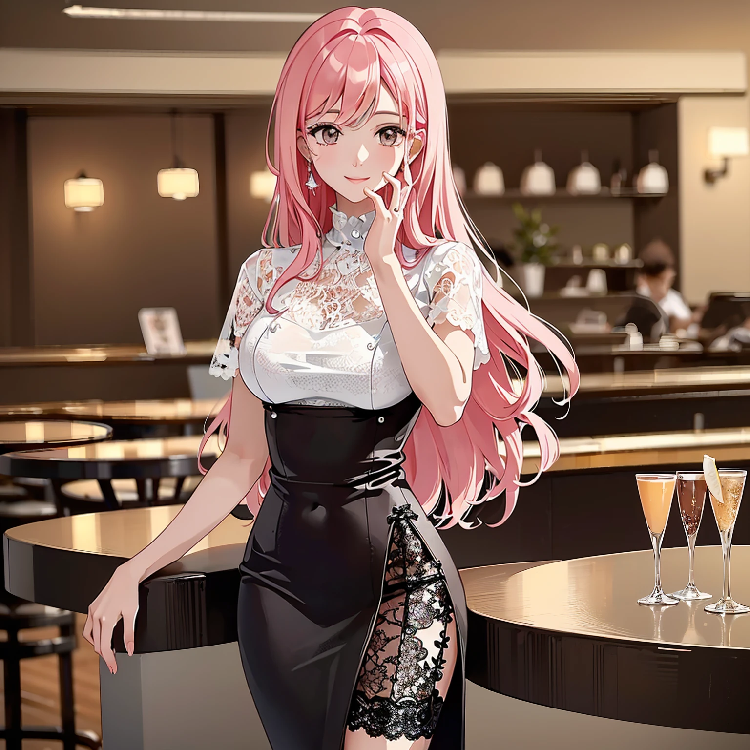 (masterpiece, high quality, 4k:1.4), 1girl, solo, pink hair, brown eyes, double-parted bangs, long hair, (mature female, mature:1.2), mole under eye, earrings, elegant black and white lace dress, close up, night time, bar, cafe, indoors, restaurant, smile, flowy hair