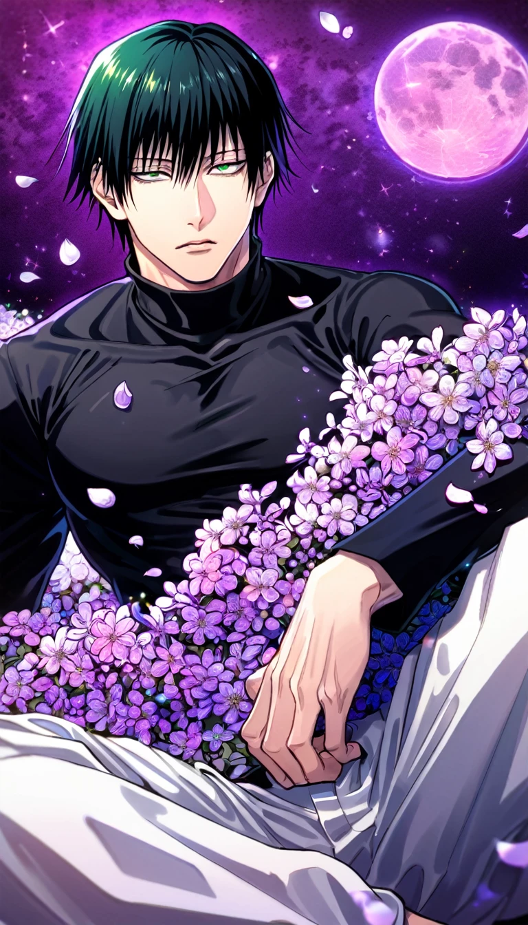Ultra detailed, HDR, Highres, absurdres, master piece, Fushiguro Touji, black straight hair, expressive green eyes, Jujutsu Kaisen, purple background, petals, fantasy, purple flowers, sexy man, solo, extremely detailed face and eyes, handsome, glittering, toned chest, black coat, black tight shirt, purple moon, purple flames, sitting, white baggy pants,