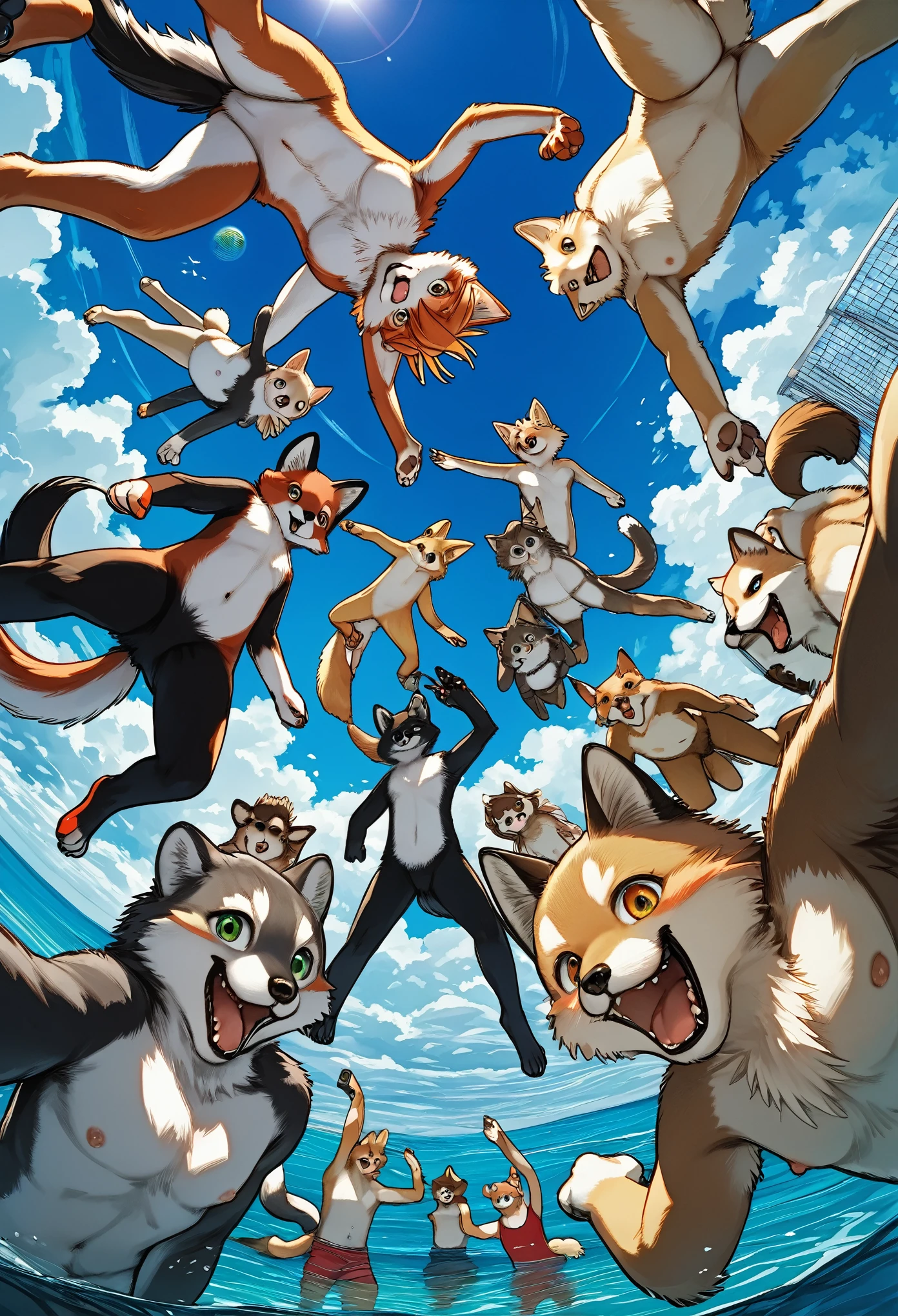 top quality, best quality, High-quality illustrations, masterpiece, super high resolution, detailed background, detailed background, skydiving, group shot:0.2, 6+boys, 6+girls, Happy, joyful, absurdres(highly detailed beautiful face and eyes)perfect anatomy(kemono, furry anthro)selfie:0.1, from below,